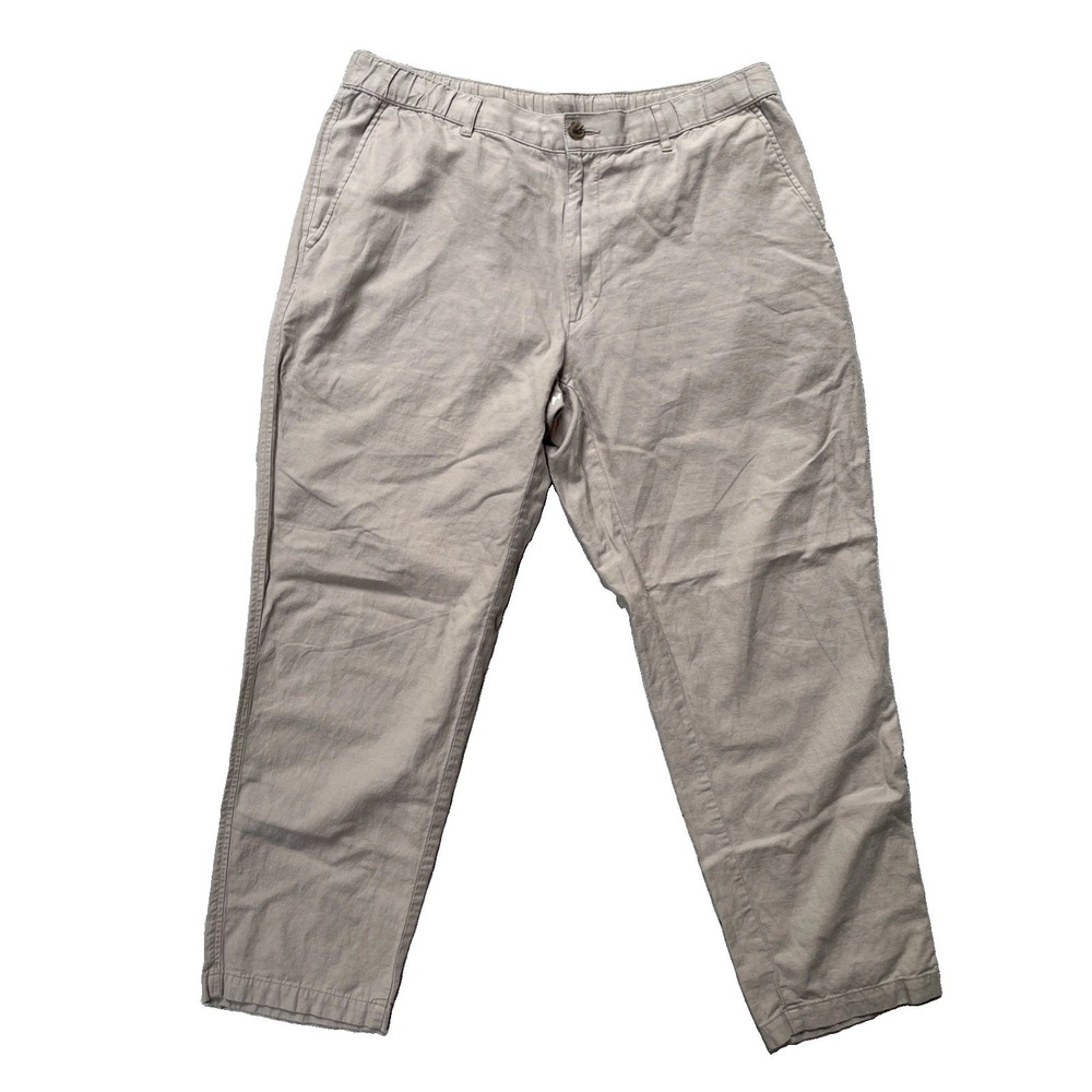 Uniqlo Men's XL Khaki Linen Cotton Blend Pants Elastic Waist 36-39 Taupe